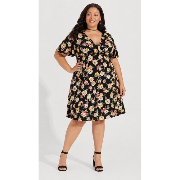 torrid Dresses & Skirts - Torrid Floral Faux Wrap Challis Dress Flutter Sleeve Plus Size 1 1X Black Yellow